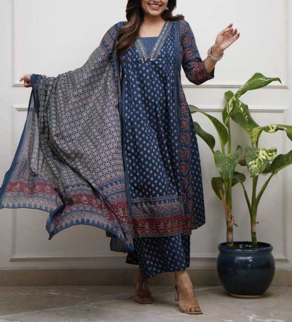 KCH0001:Ajrakh Printed Yale Blue Cotton Kurta Suit - Image 2