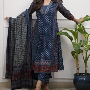KCH0001:Ajrakh Printed Yale Blue Cotton Kurta Suit