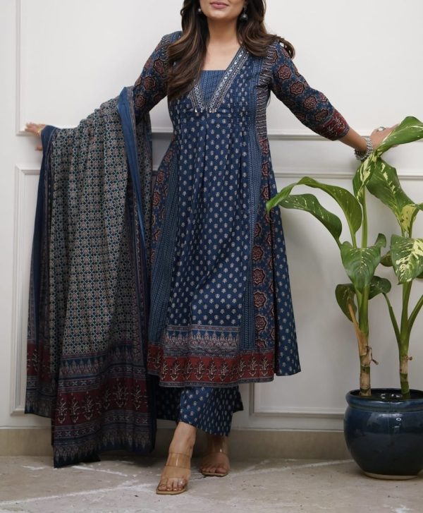 KCH0001:Ajrakh Printed Yale Blue Cotton Kurta Suit