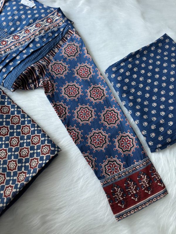 KCH0001:Ajrakh Printed Yale Blue Cotton Kurta&Pant With Dupatta - Image 5