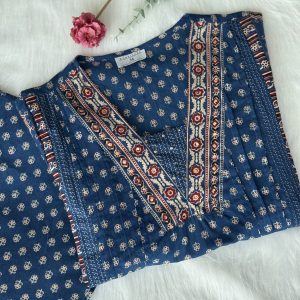 KCH0001:Ajrakh Printed Yale Blue Cotton Kurta&Pant With Dupatta