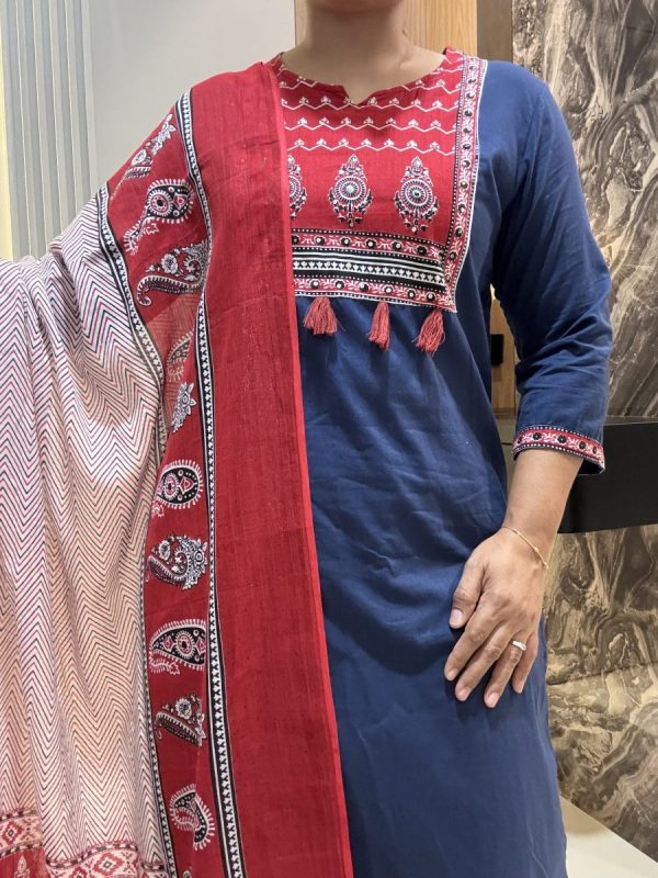 KCH0003:Navy Blue Cotton Kurta And Pant&Dupatta - Image 6