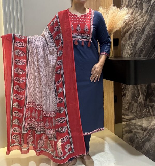 KCH0003:Navy Blue Cotton Kurta And Pant&Dupatta - Image 5