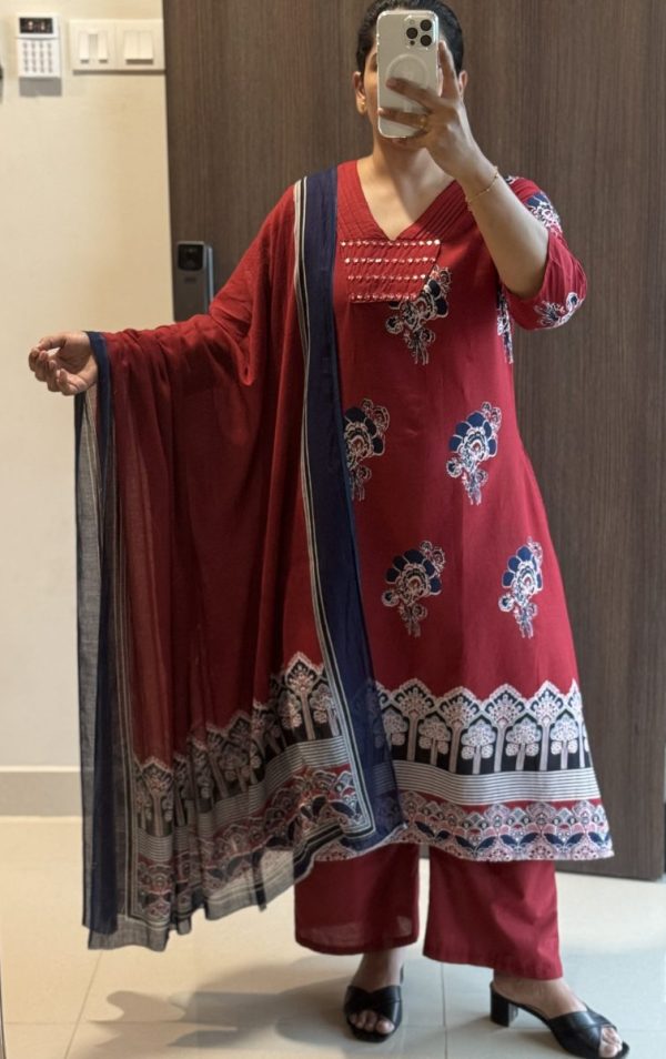 KCH0006:Royal Red Soft Cotton Dupatta Set - Image 6