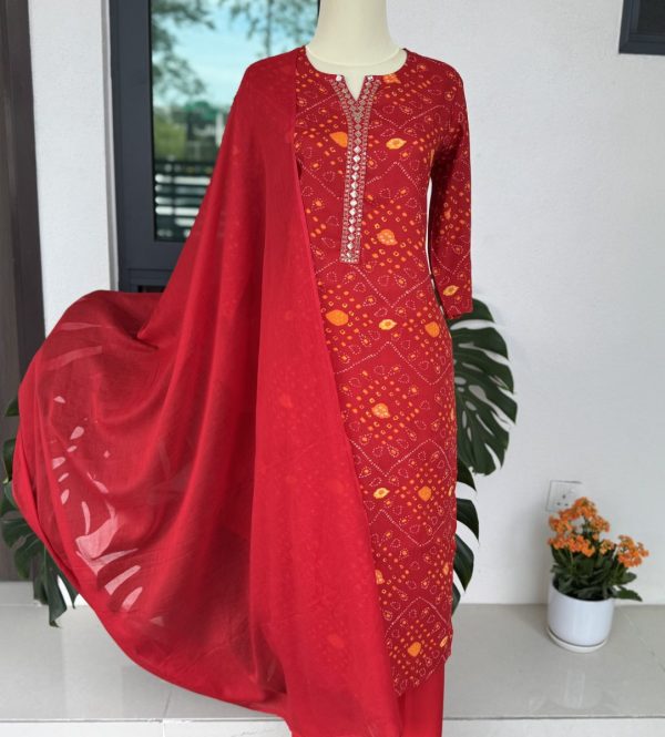 KCH0012:Vibrant Red Bandhani Printed Cotton Kurta Set - Image 3