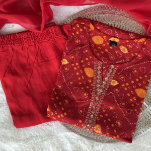 KCH0012:Vibrant Red Bandhani Printed Cotton Kurta Set
