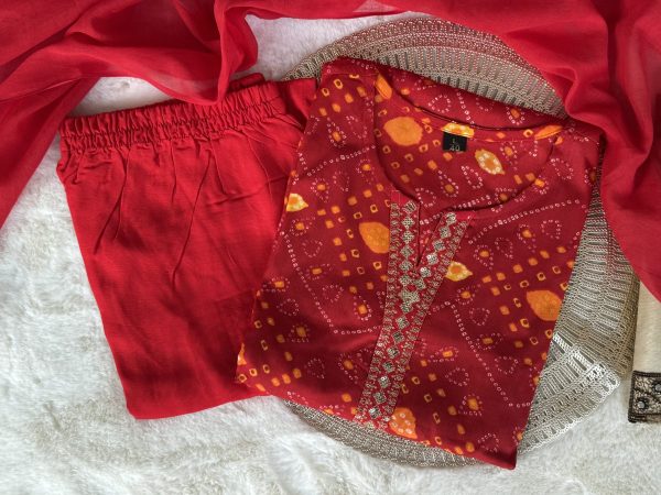 KCH0012:Vibrant Red Bandhani Printed Cotton Kurta Set