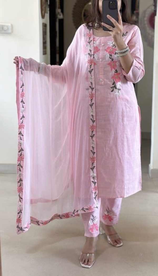 KCH0005:Flamingo Cotton Slub Kurta Pant&Dupatta - Image 8