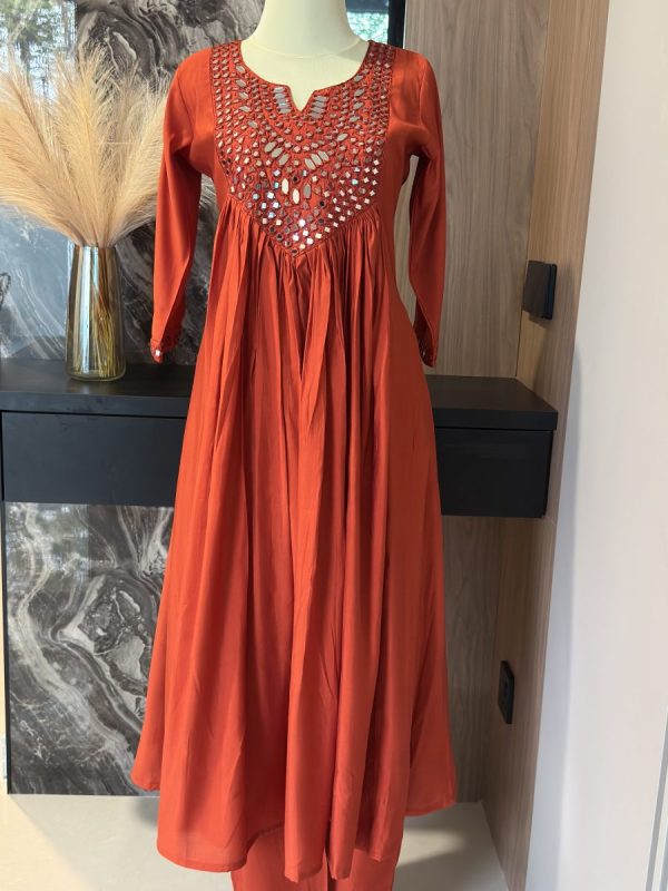 KCH0013:Rust Orange Real Mirror Work A-Line Suit - Image 3
