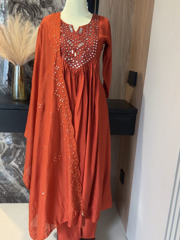 KCH0013:Rust Orange Real Mirror Work A-Line Suit - Image 4