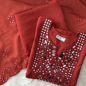 KCH0013:Rust Orange Real Mirror Work A-Line Suit