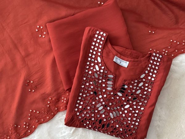 KCH0013:Rust Orange Real Mirror Work A-Line Suit