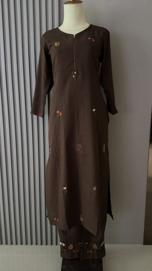 KCH0019:Cocoa Bloom Embroidered Cotton Kurta Suit - Image 4