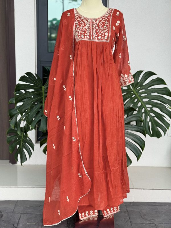 KCH0025:Rust Bloom-Pure Mul Chanderi Embroidered Kurta Set