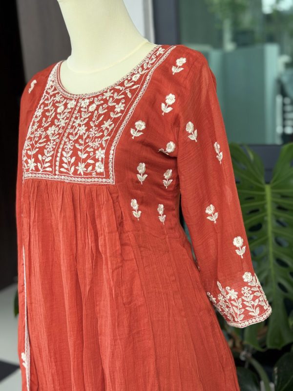 KCH0025:Rust Bloom-Pure Mul Chanderi Embroidered Kurta Set - Image 3