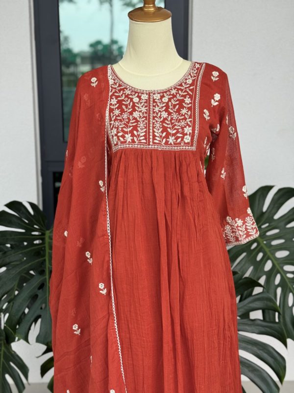 KCH0025:Rust Bloom-Pure Mul Chanderi Embroidered Kurta Set - Image 4