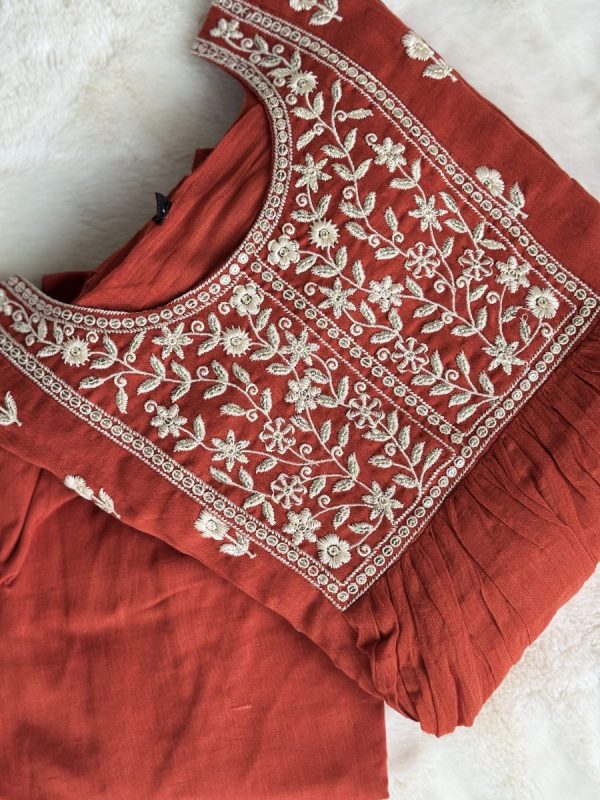 KCH0025:Rust Bloom-Pure Mul Chanderi Embroidered Kurta Set - Image 5