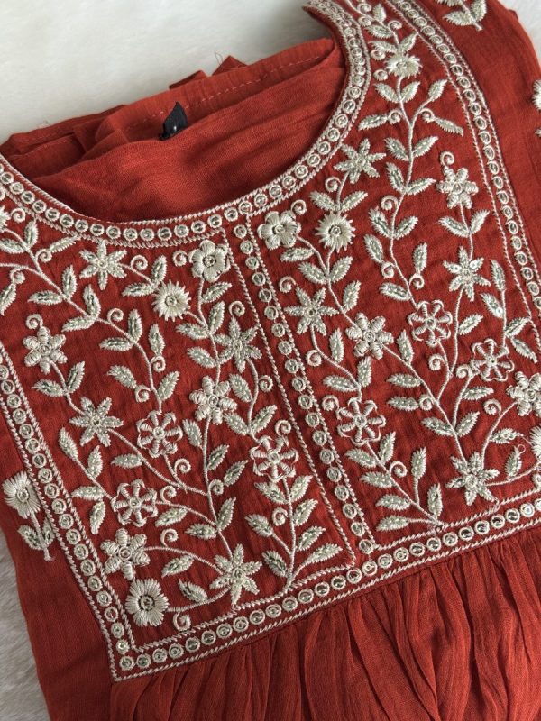 KCH0025:Rust Bloom-Pure Mul Chanderi Embroidered Kurta Set - Image 6