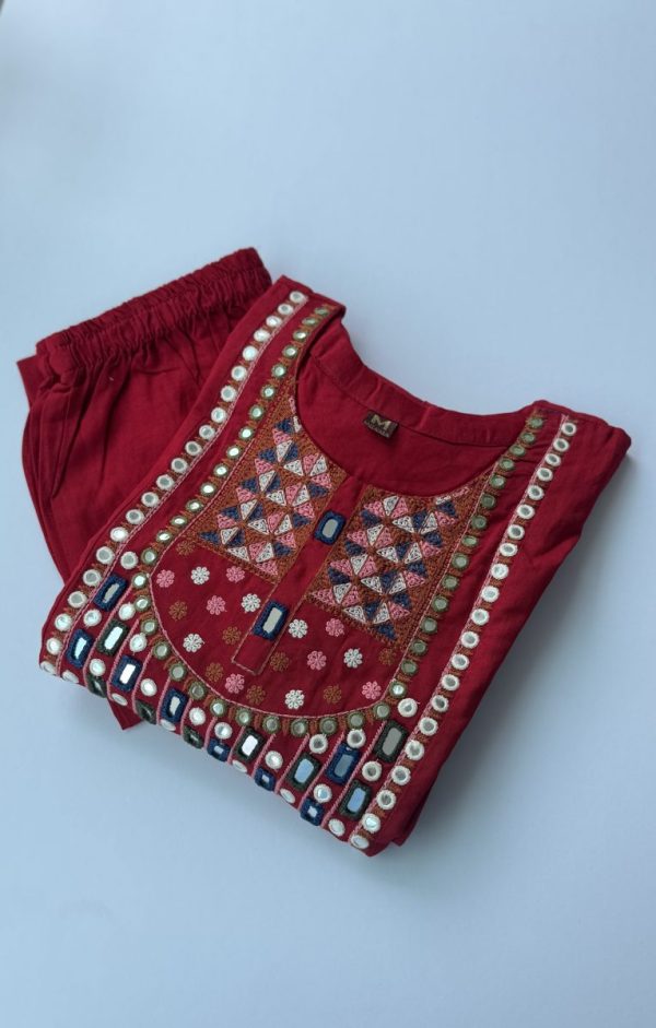 KCH0045:Red Mirror Work Linen Cotton 2pc Suit - Image 3