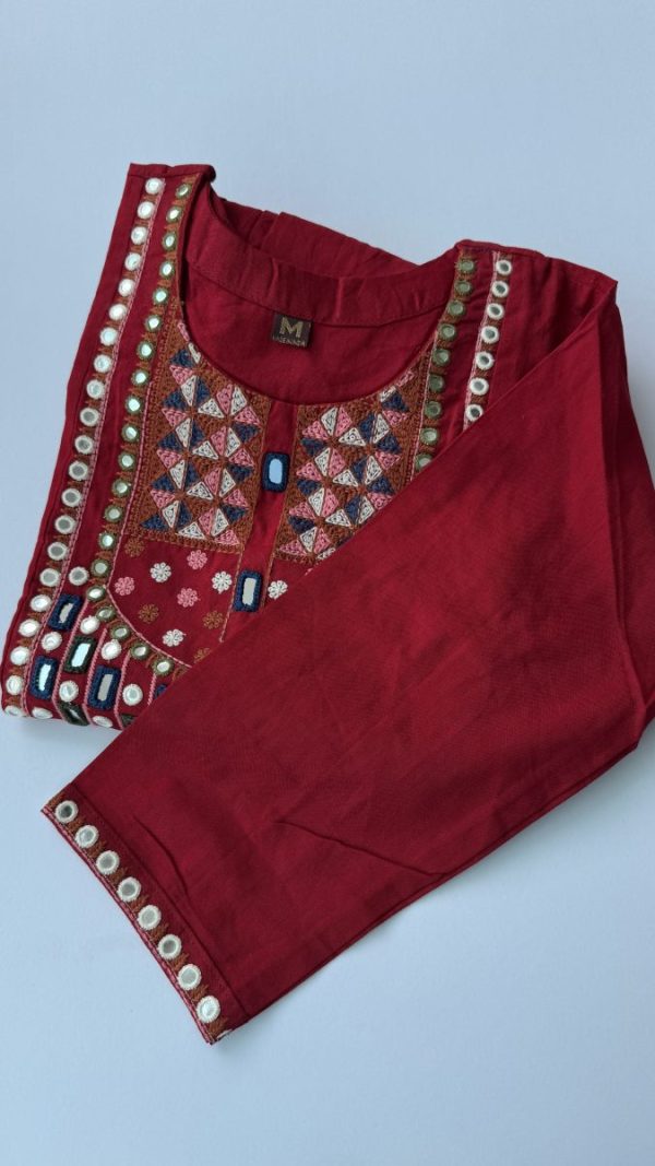 KCH0045:Red Mirror Work Linen Cotton 2pc Suit - Image 5