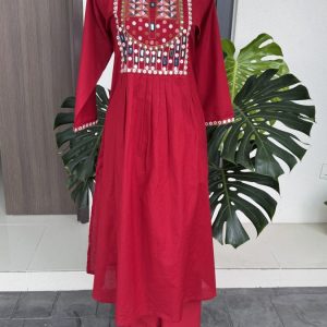 KCH0045:Red Mirror Work Linen Cotton 2pc Suit