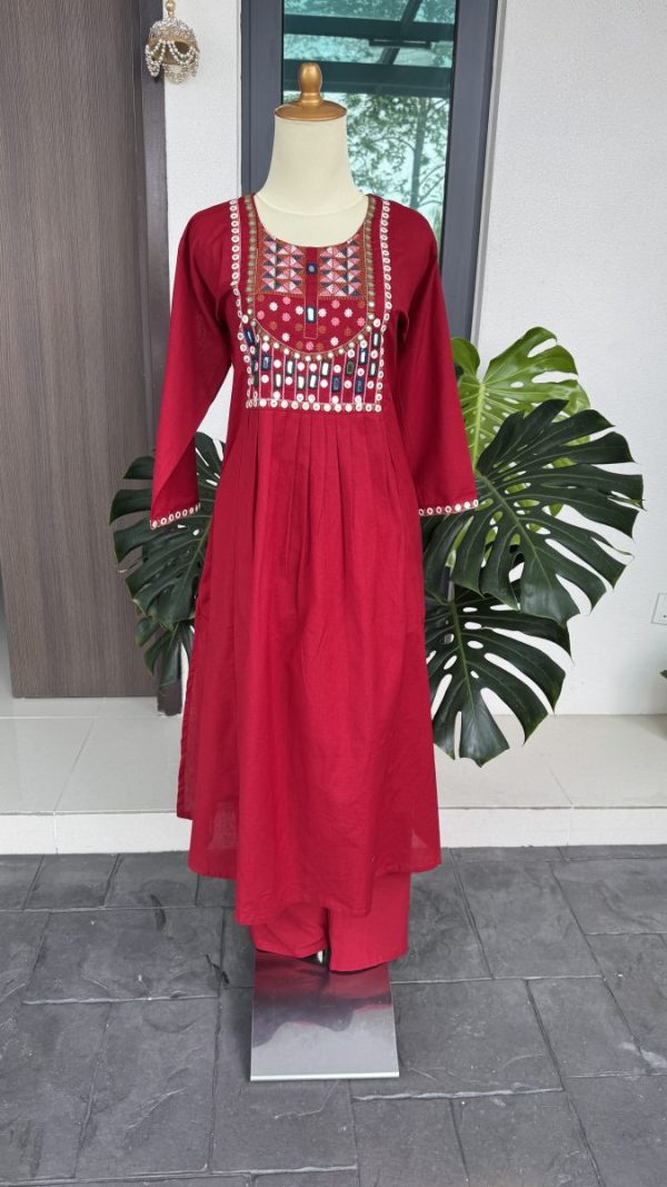 KCH0045:Red Mirror Work Linen Cotton 2pc Suit