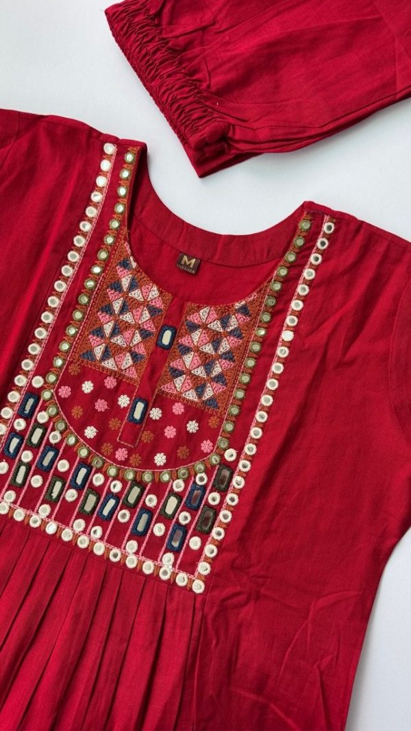 KCH0045:Red Mirror Work Linen Cotton 2pc Suit - Image 6
