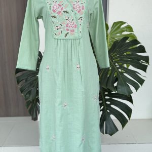 KCH0046:Pista Green Premium Soft Cotton Embroidered Kurta With Pant