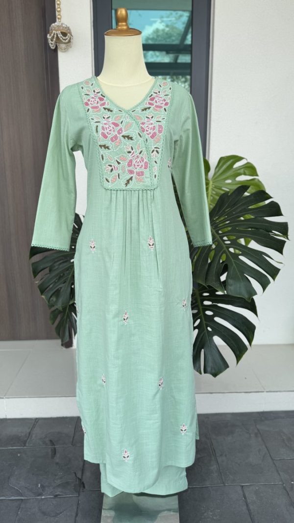KCH0046:Pista Green Premium Soft Cotton Embroidered Kurta With Pant