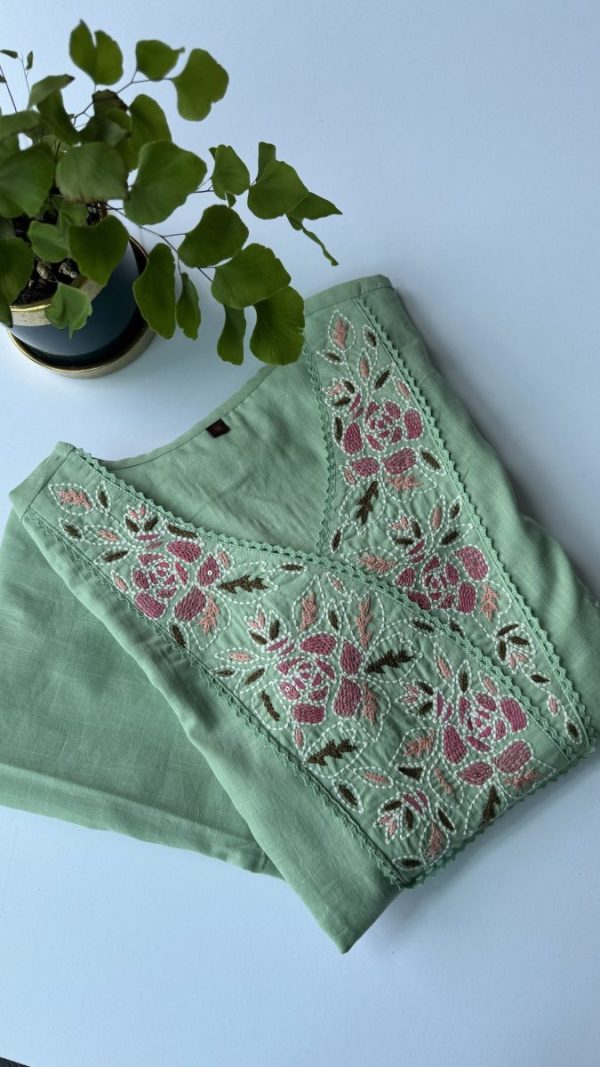 KCH0046:Pista Green Premium Soft Cotton Embroidered Kurta With Pant - Image 3