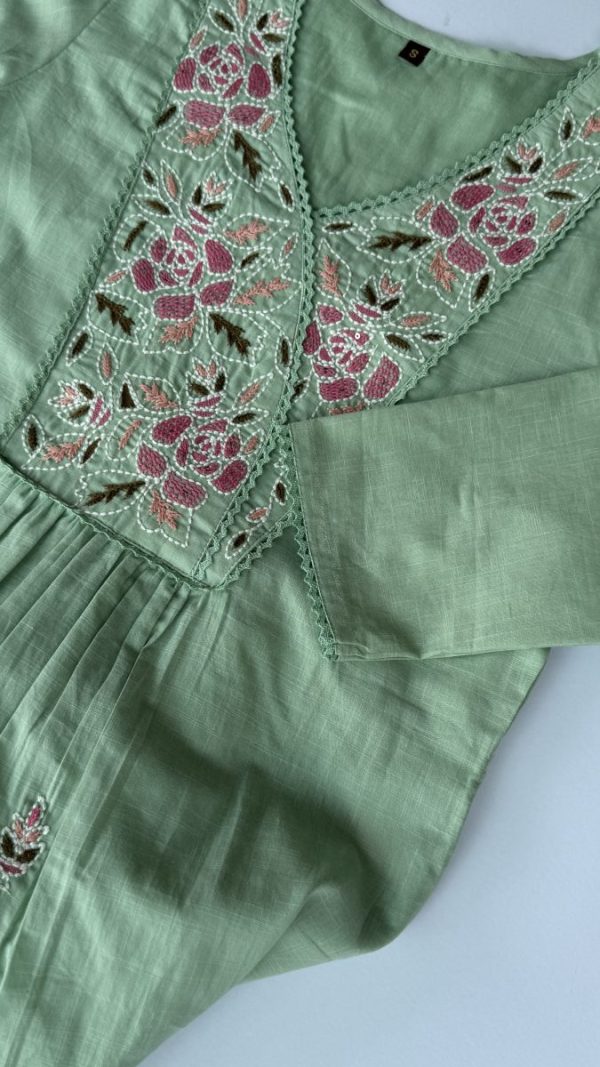 KCH0046:Pista Green Premium Soft Cotton Embroidered Kurta With Pant - Image 6