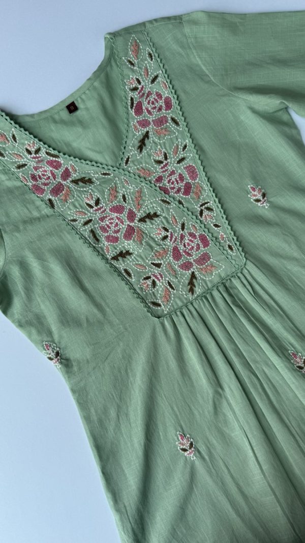 KCH0046:Pista Green Premium Soft Cotton Embroidered Kurta With Pant - Image 5