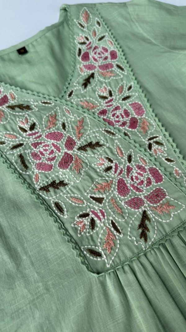 KCH0046:Pista Green Premium Soft Cotton Embroidered Kurta With Pant - Image 4