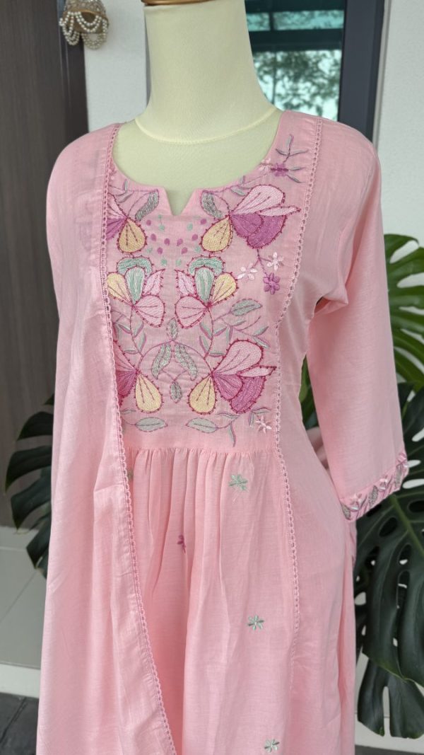 KCH0050:Pastel Pink Floral Embroidered Mul Cotton Suit - Image 2