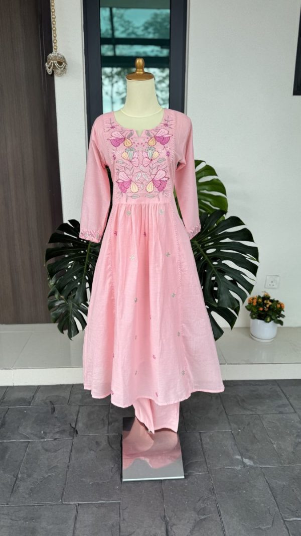 KCH0050:Pastel Pink Floral Embroidered Mul Cotton Suit - Image 3