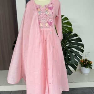 KCH0050:Pastel Pink Floral Embroidered Mul Cotton Suit