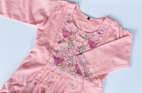 KCH0050:Pastel Pink Floral Embroidered Mul Cotton Suit - Image 5