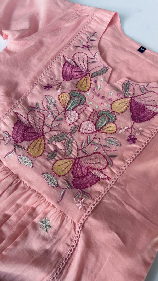 KCH0050:Pastel Pink Floral Embroidered Mul Cotton Suit - Image 6