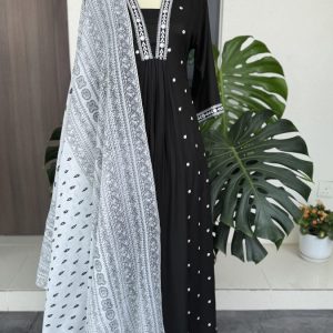 KCH0051:Jet Black A-Line Suit With Contrast Printed Dupatta