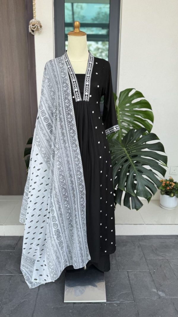 KCH0051:Jet Black A-Line Suit With Contrast Printed Dupatta