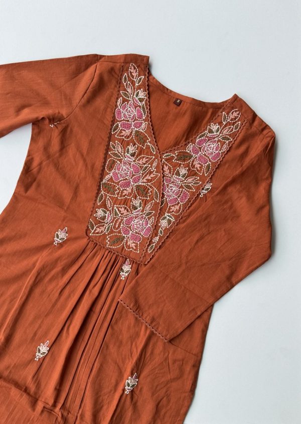 KCH0054:Rust Premium Soft Cotton Embroidered Kurta With Pant - Image 4