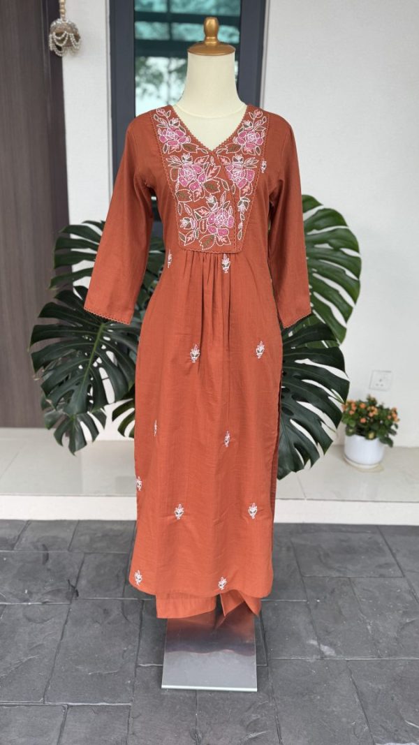 KCH0054:Rust Premium Soft Cotton Embroidered Kurta With Pant