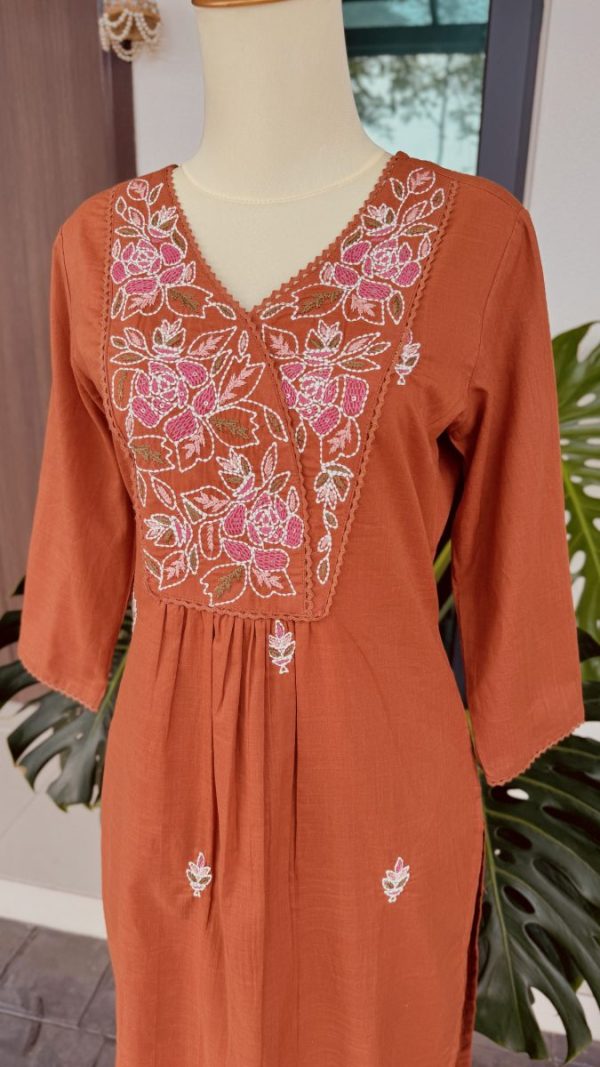 KCH0054:Rust Premium Soft Cotton Embroidered Kurta With Pant - Image 2