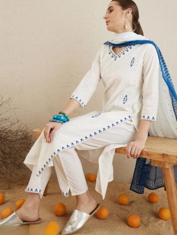 KCH0058:Cotton White Kurta Suit With Royal Blue Touch - Image 2