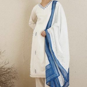 KCH0058:Cotton White Kurta Suit With Royal Blue Touch