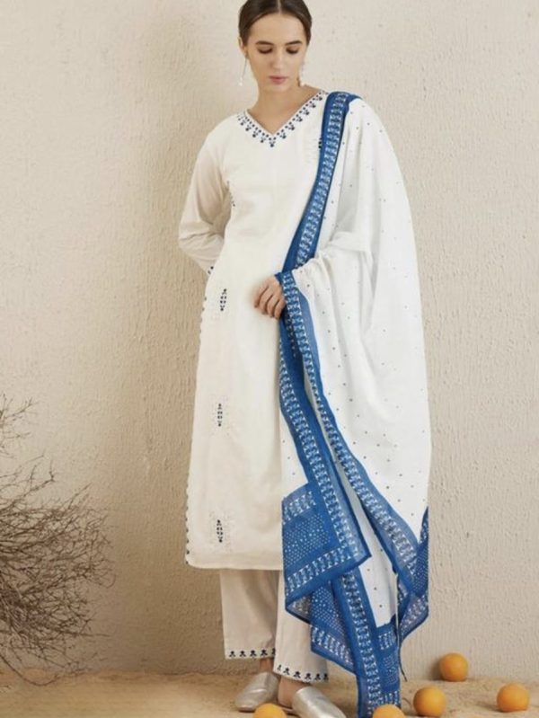 KCH0058:Cotton White Kurta Suit With Royal Blue Touch
