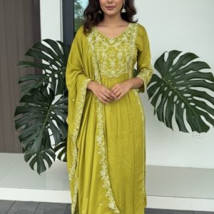 KCH0077:Parrot Green Pure Chinon Kurta Suit