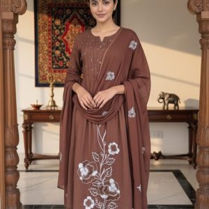 KCH0081:Coffee Brown Floral Cotton Kurta Suit