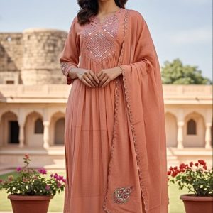 KCH0084:Pastel Orange Pure MulChanderi Mirror Work Suit