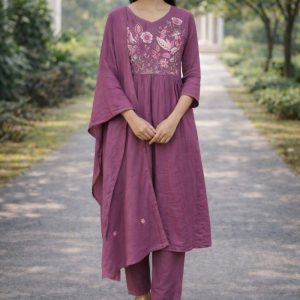 KCH0092:Mauve Embroidered Mul Cotton Kurta Suit